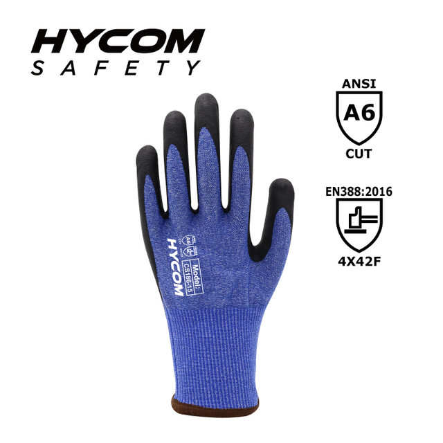 HYCOM 18G ANSI 6 Cut Resistant Glove with Foam Nitrile Coating Water Resistant HPPE Glove 