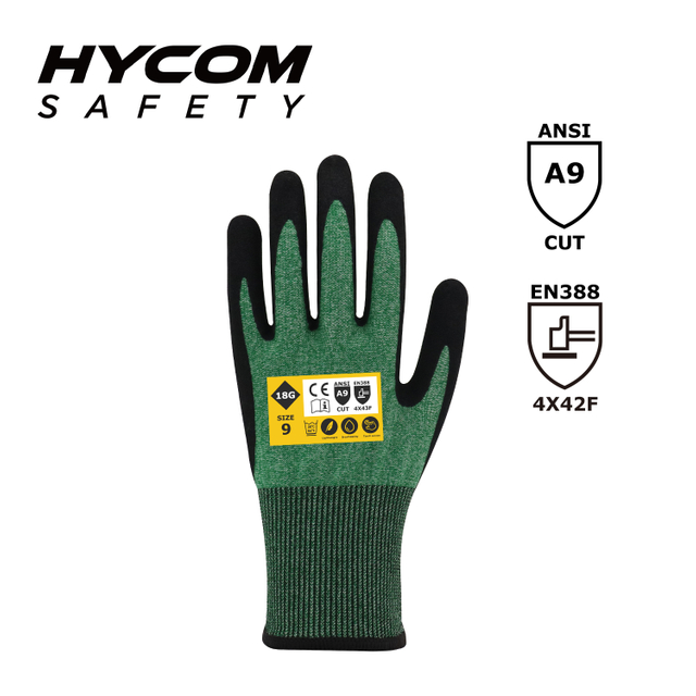 HYCOM 18G ANSI 9 Cut Resistant Glove with HT Sandy Nitrile Coating Reinforcement at Thumb PPE Gloves