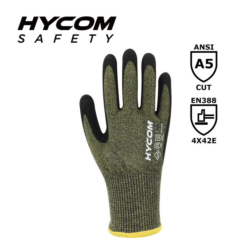 HYCOM 15G ANSI 5 Para-aramid Cut Resistant Glove with Palm Sandy Nitrile Coating HPPE Glove