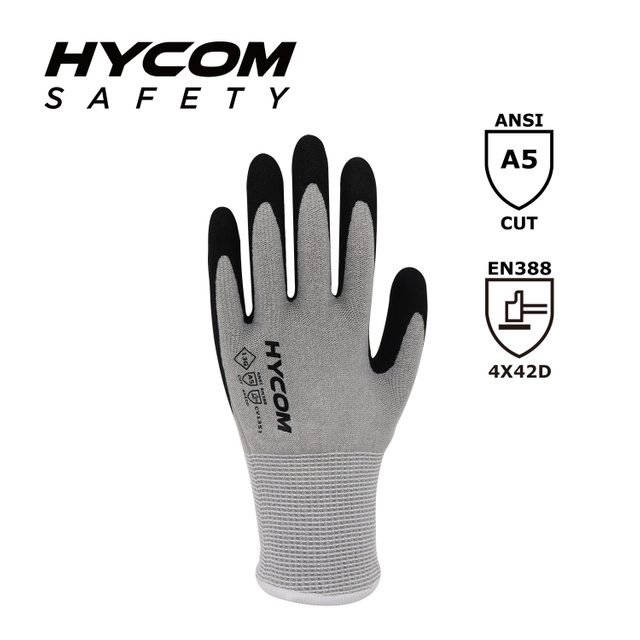 HYCOM 13G ANSI 5 Cut Resistant Glove with Sandy Nitrile Coated Palm HPPE Glove for Security Work