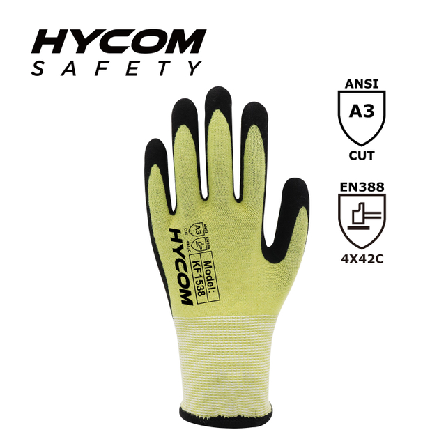 HYCOM 15G ANSI 3 Para-aramid Cut Resistant Glove with Sandy Nitrile Coating Heat Protection Glove