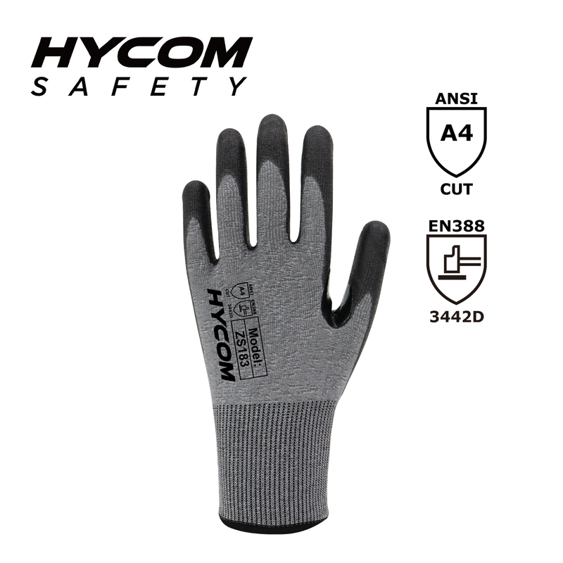 HYCOM 18G Cut Level 4 Cut Resistant Glove Coated with PU No Steel No Glass Thumb Crotch Reinfored Working Gloves