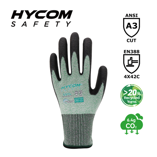 HYCOM Flexible 13G ANSI 3 Cut Resistant Glove with PU Coating Environment Friendly GRS Work Gloves