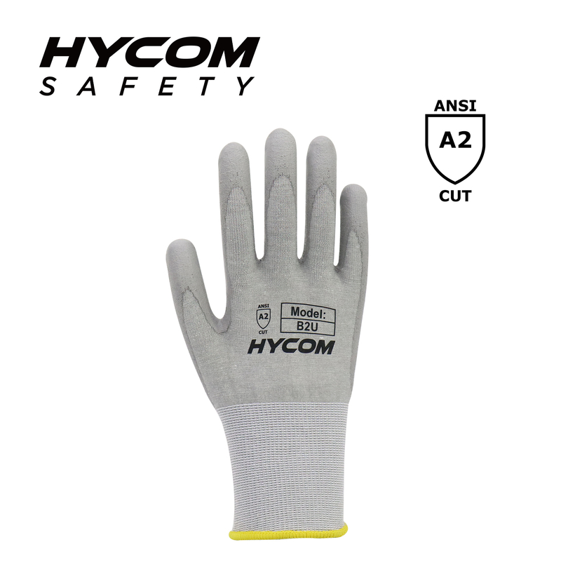 HYCOM 18G ANSI 2 Breathable Yarn Cut Resistant Glove Coated with Palm Polyurethane Super Thiner Work Gloves