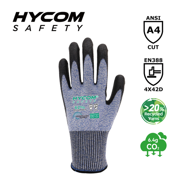 HYCOM Flexible 13G ANSI 4 GRS Cut Resistant Glove Coated with PU Environment Friendly Work Gloves