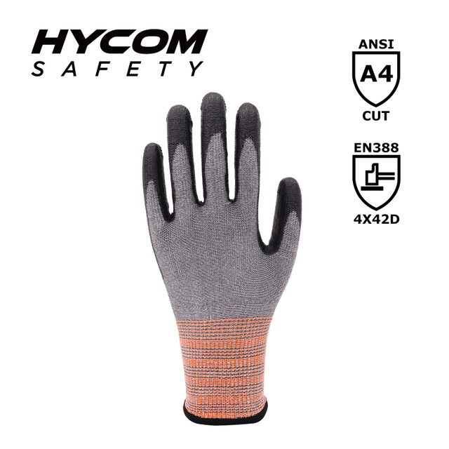 HYCOM Breathable 13G ANSI 4 Cut Resistant Glove Coated with PU Cool Feeling Work Gloves