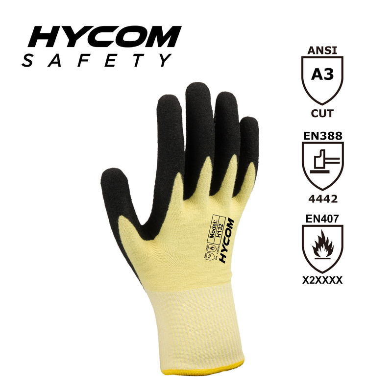 HYCOM 13G Level 4 ANSI 3 Aramid Cut Resistant Glove with Sandy Nitrile and Nitrile Dots Heat Resistant Gloves